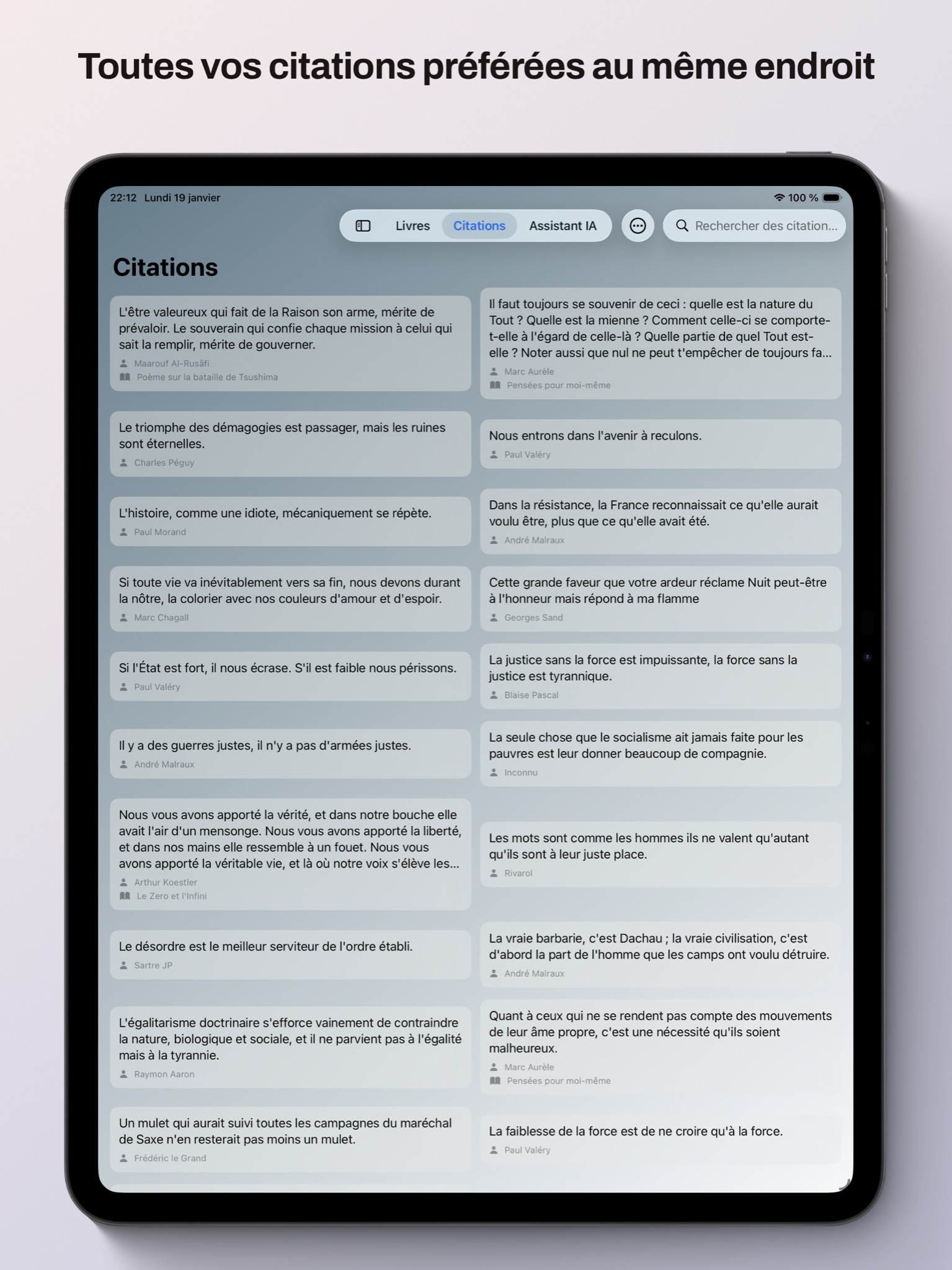 Collection de citations Bookscout sur iPad