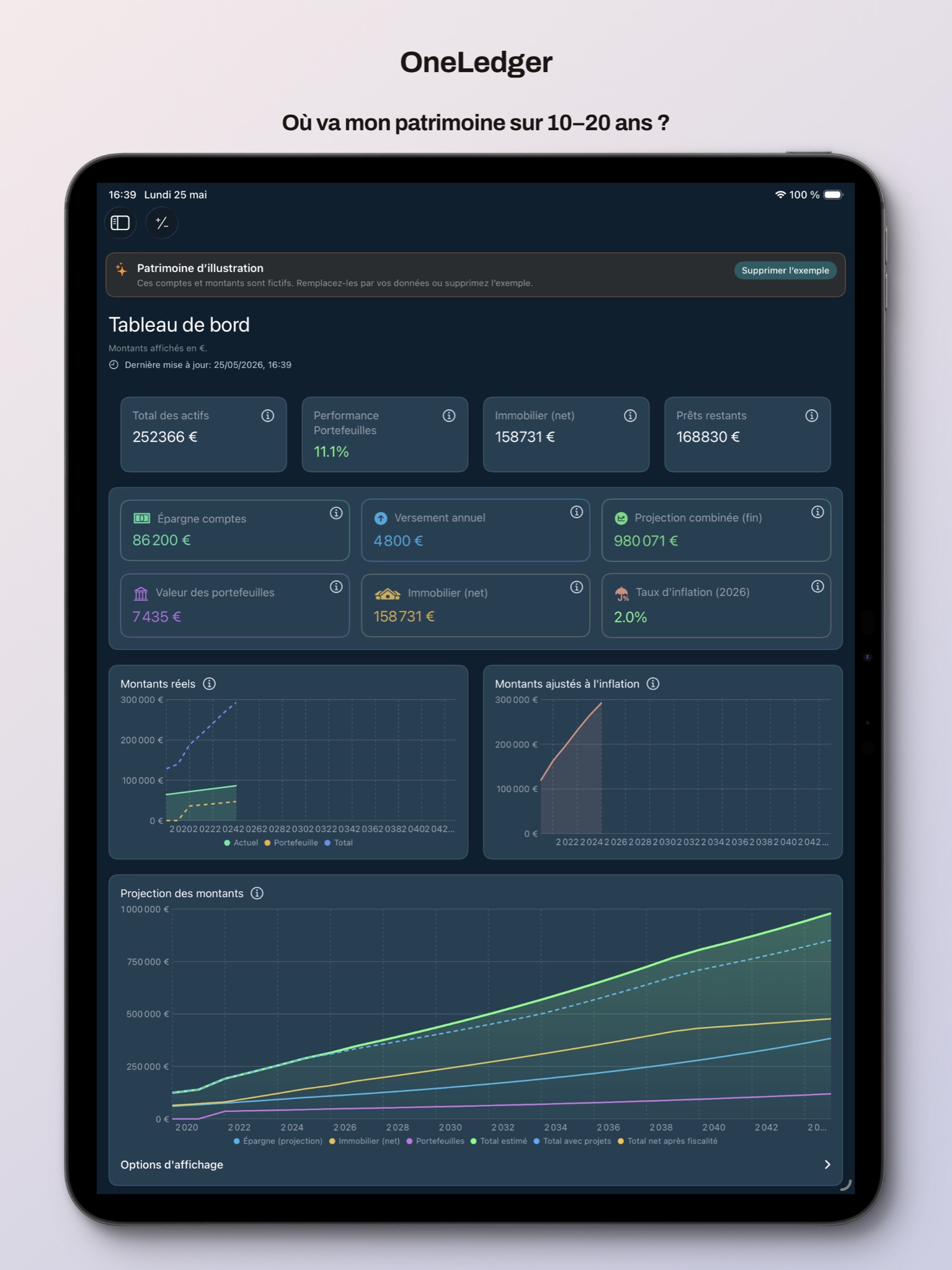 OneLedger — tableau de bord sur iPad
