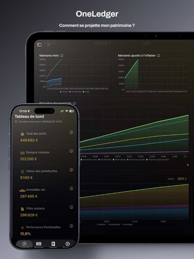 OneLedger sur iPhone et iPad — tableau de bord et projection du patrimoine