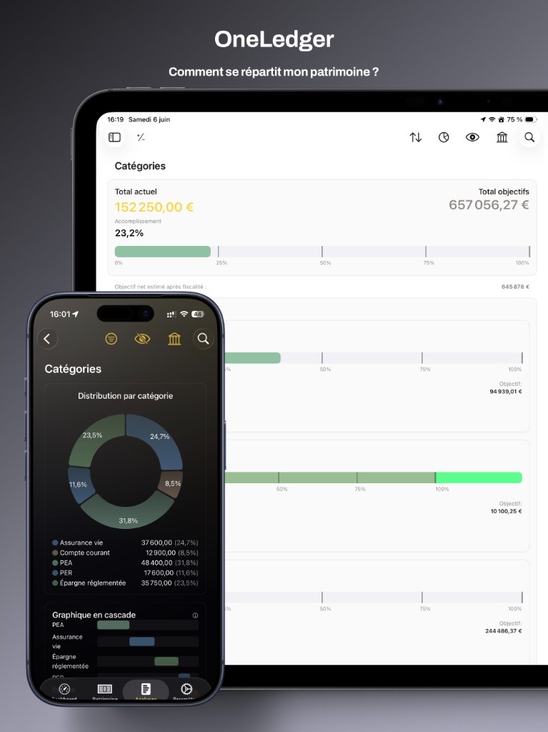 OneLedger sur iPhone et iPad — répartition par catégories et graphique en cascade