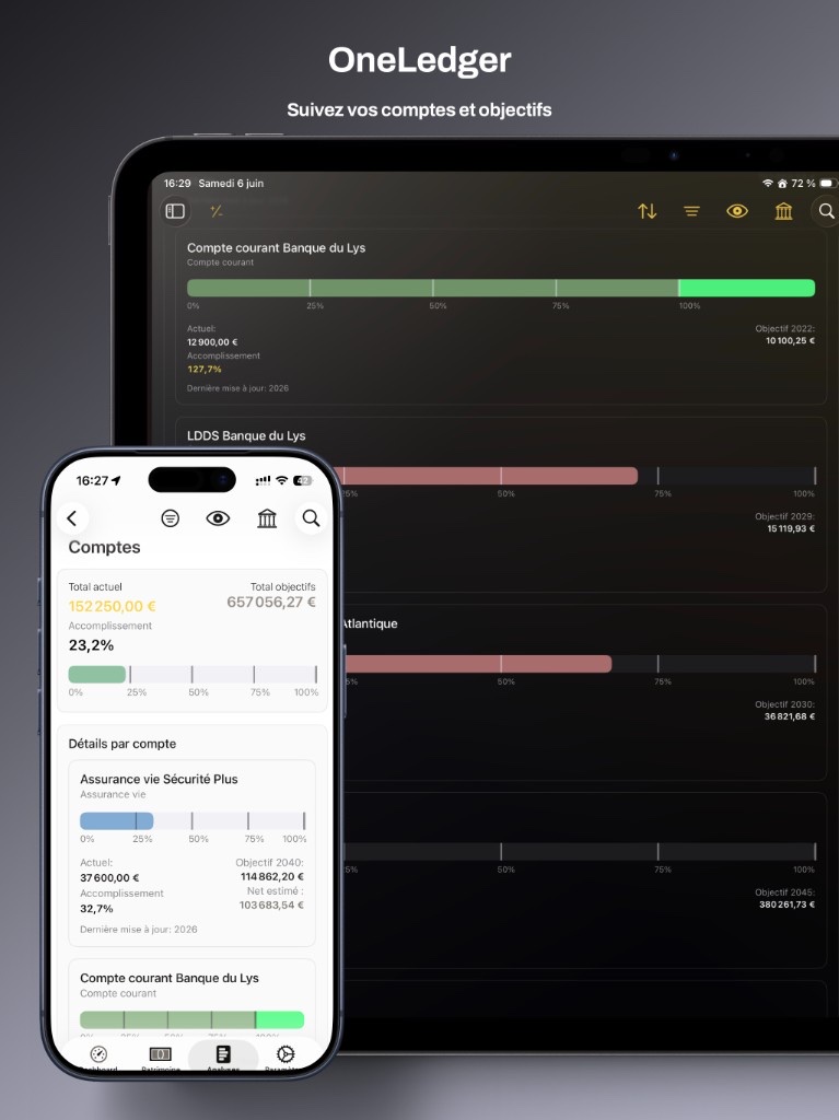 OneLedger sur iPhone et iPad — comptes, objectifs et suivi d’avancement
